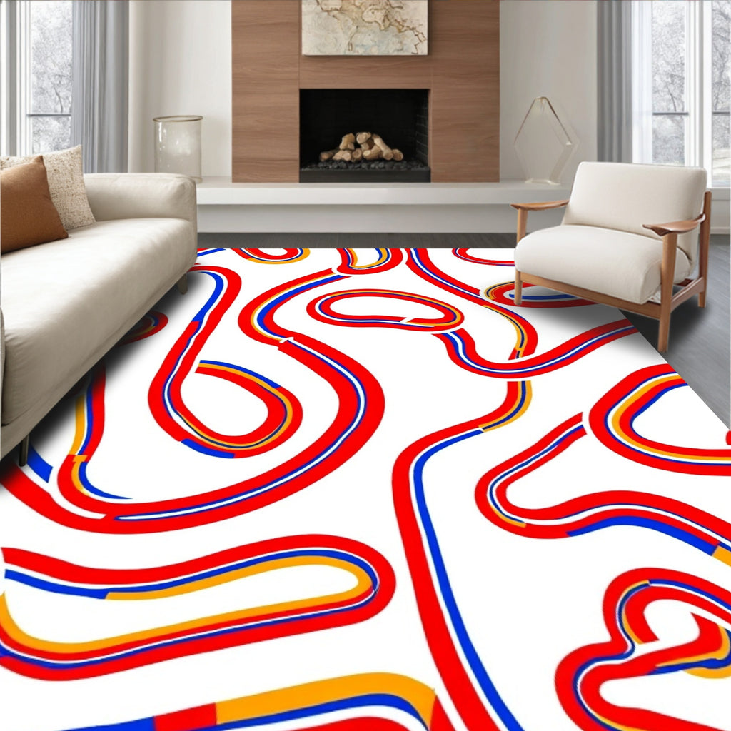 Bold Red Blue Yellow Linear Flow Rug