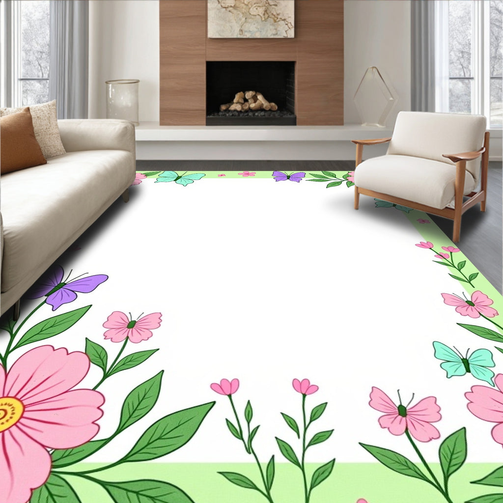 Pastel Pink Purple Butterfly Garden Border Rug
