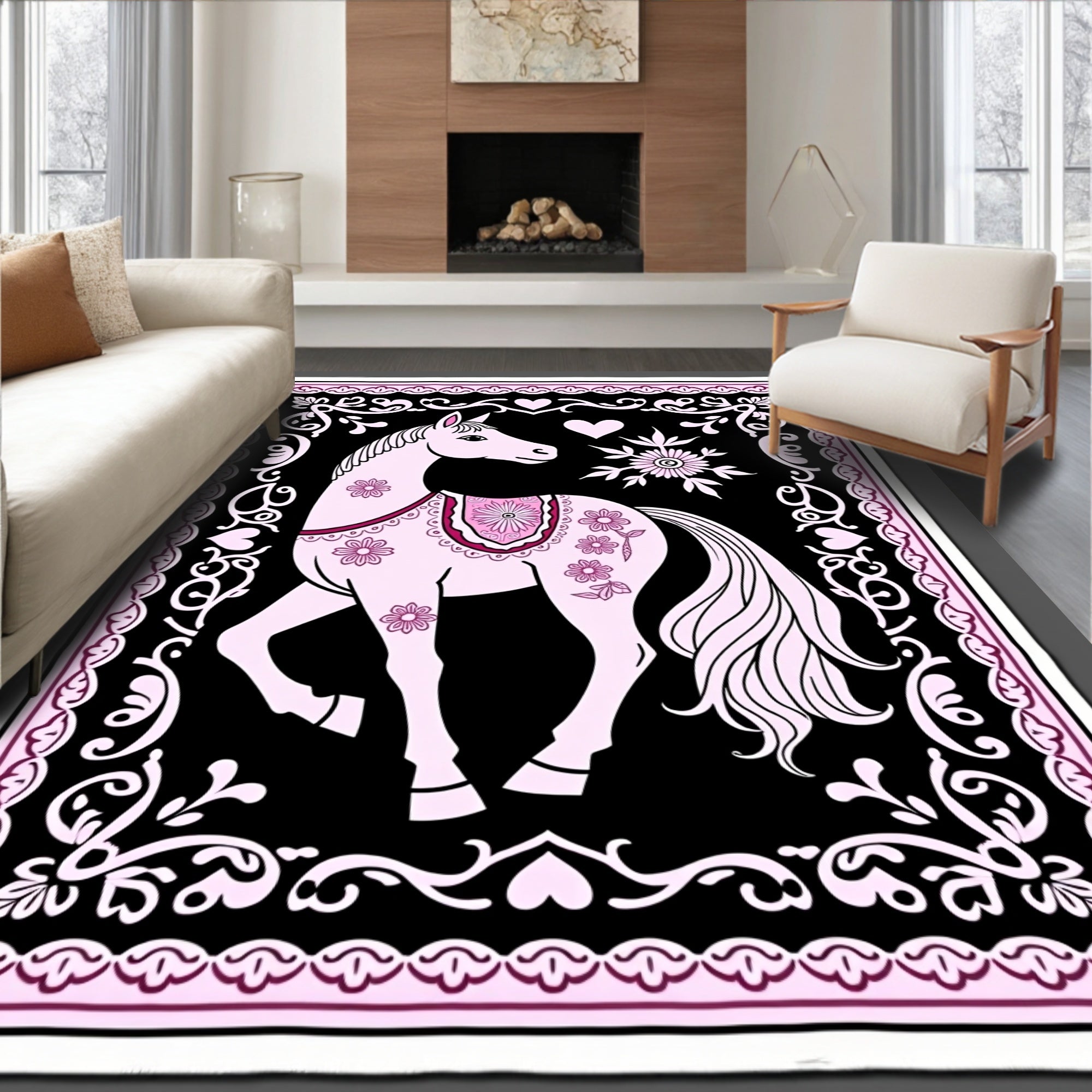 Pink Horse Floral Heart Border Rug
