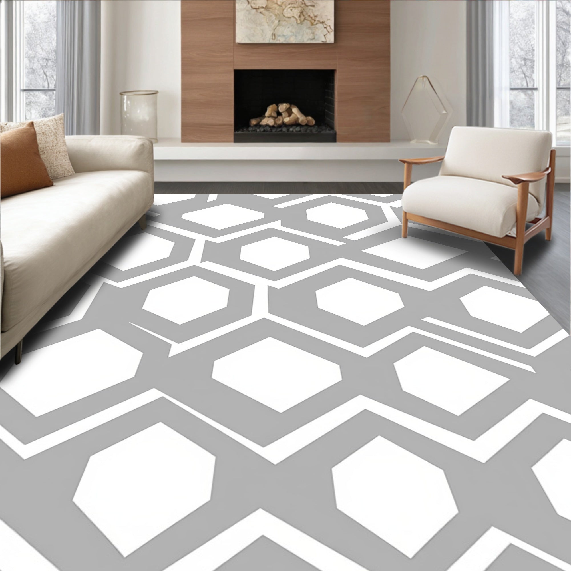 Modern Gray Geometric Hexagon Rug