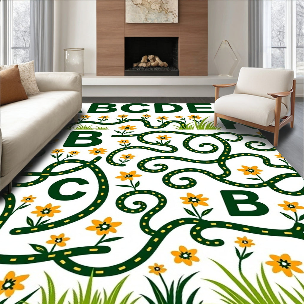 Whimsical Green Pathway Yellow Flower Rug