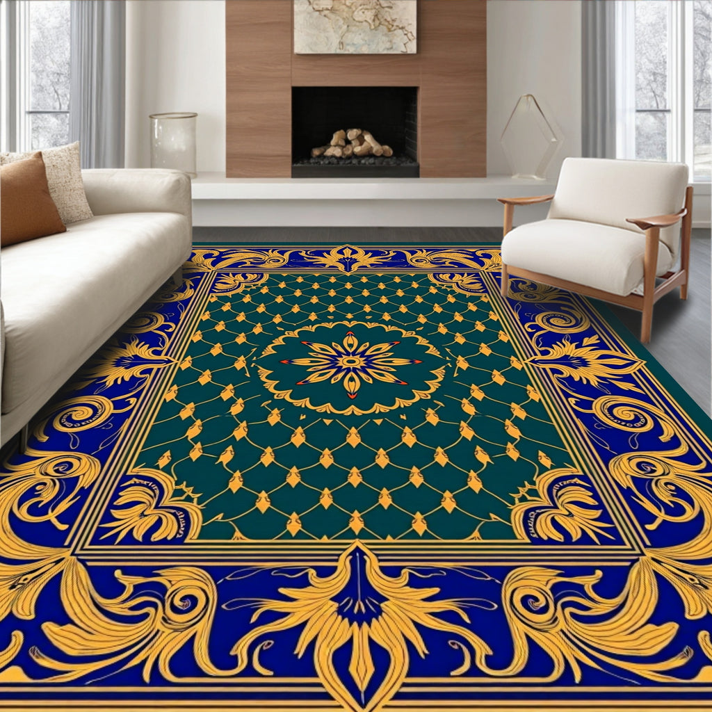 Elegant Blue Gold Floral Medallion Rug