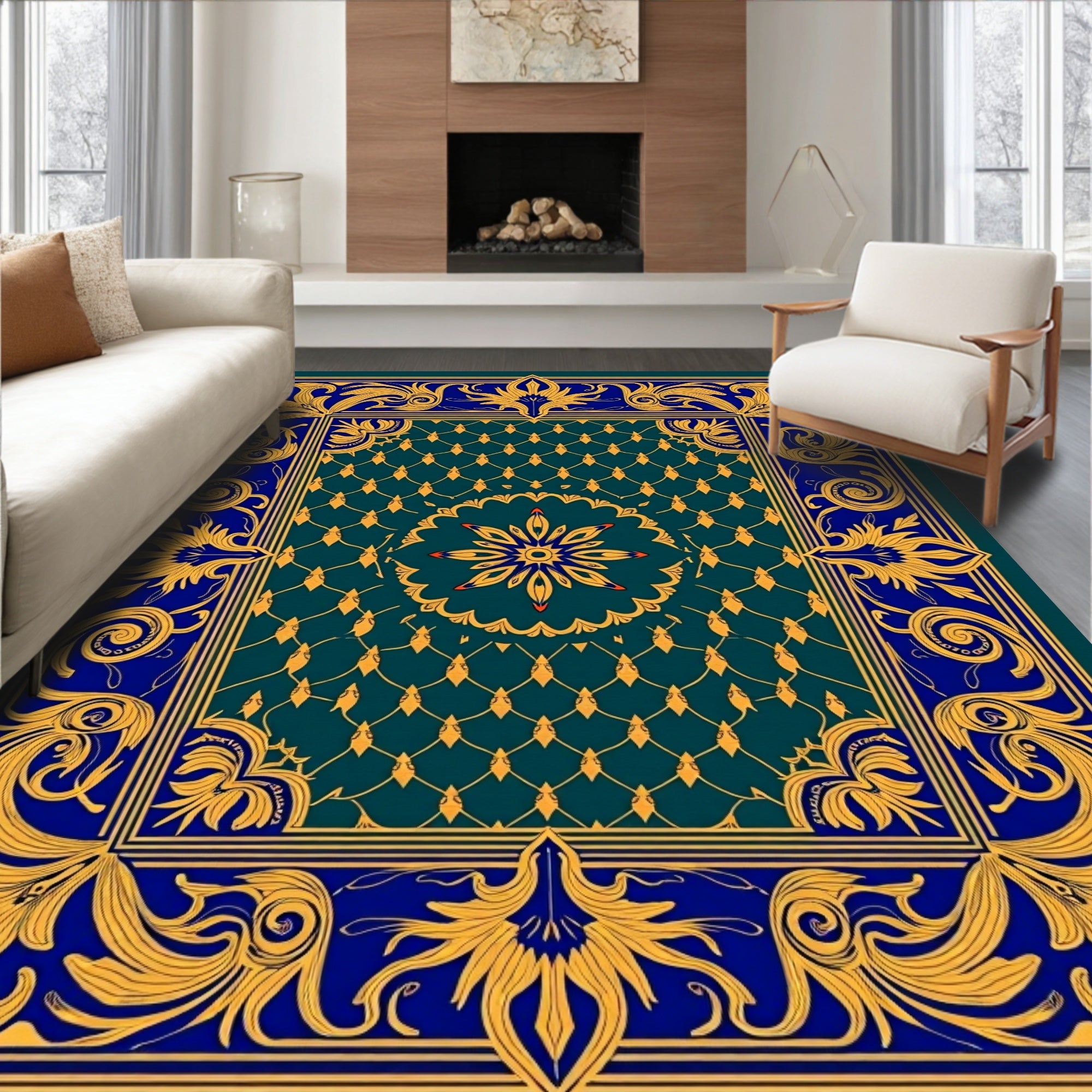 Elegant Blue Gold Floral Medallion Rug