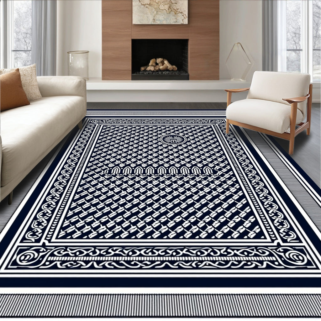 Deep Blue Ornate Geometric Frame Rug