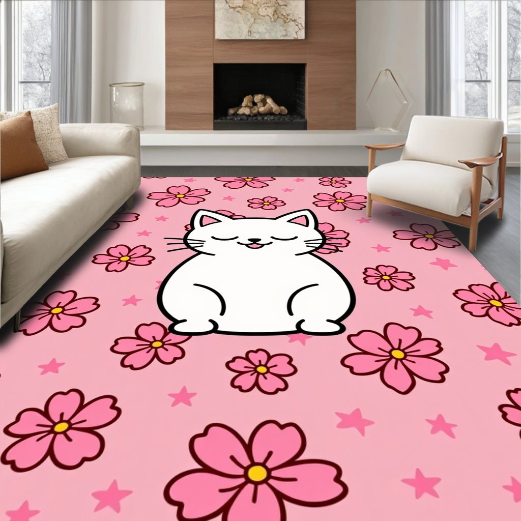 Cute White Cat Pink Cherry Blossoms Rug