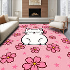 Cute White Cat Pink Cherry Blossoms Rug