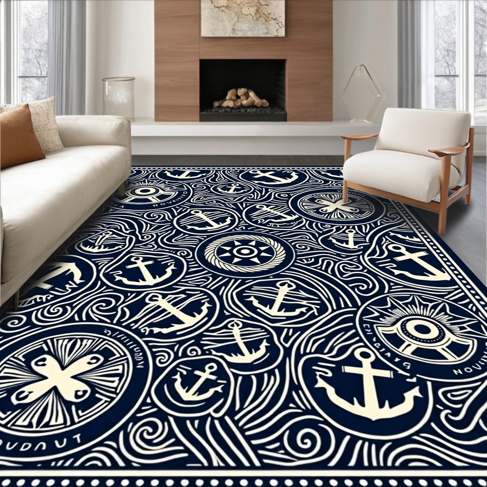 Navy Blue Nautical Anchor Medallion Collage Rug