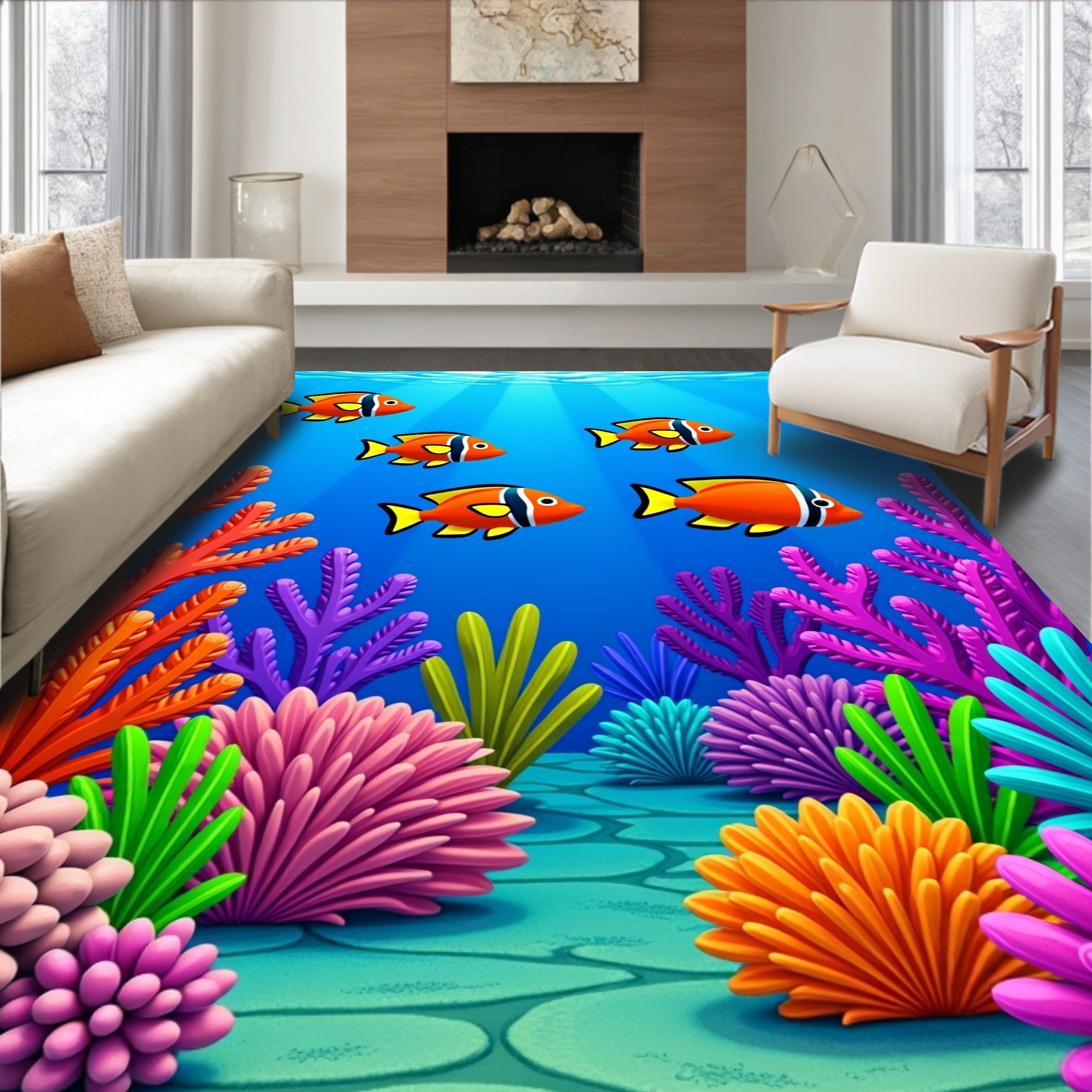 Vibrant Coral Reef Orange Fish Rug