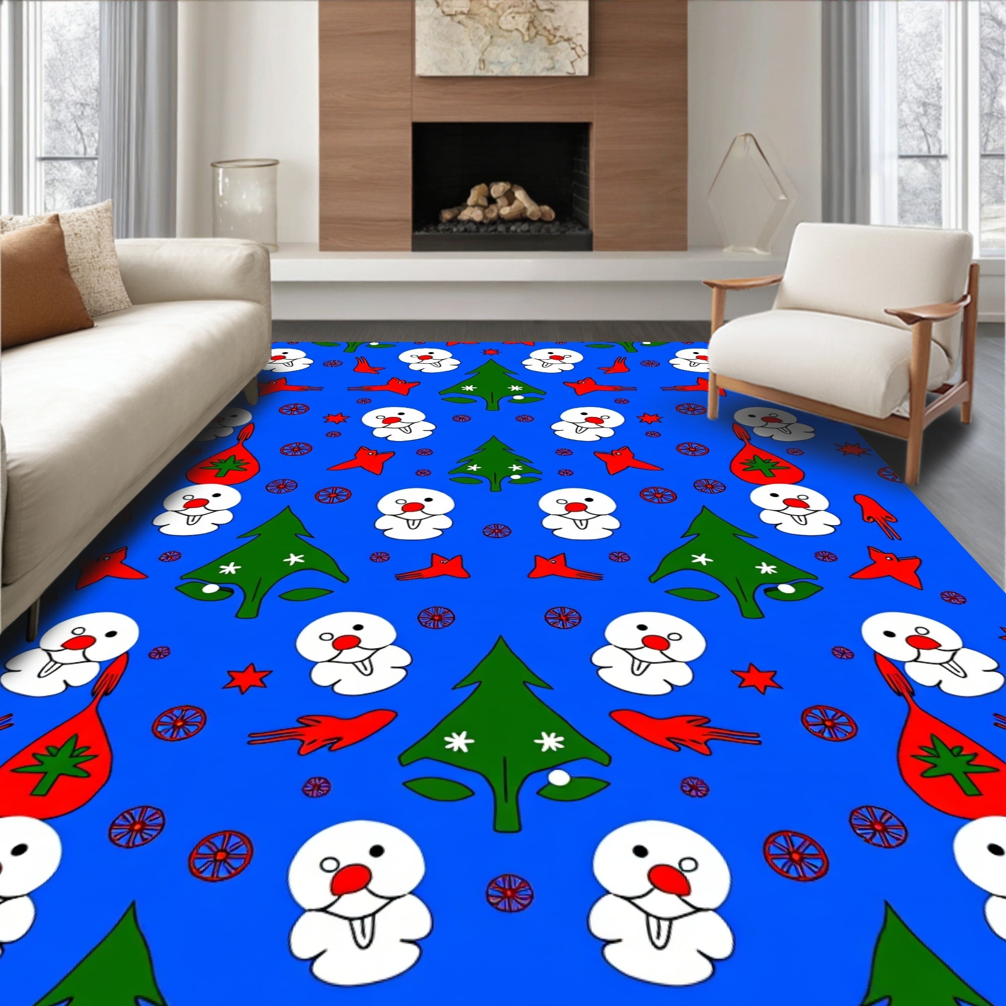 Blue Snowman Christmas Tree Star Fox Rug