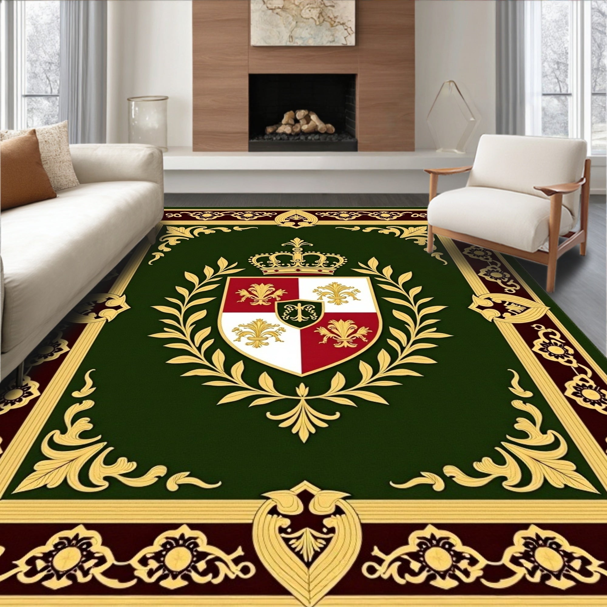 Regal Emerald Gold Crest Emblem Rug