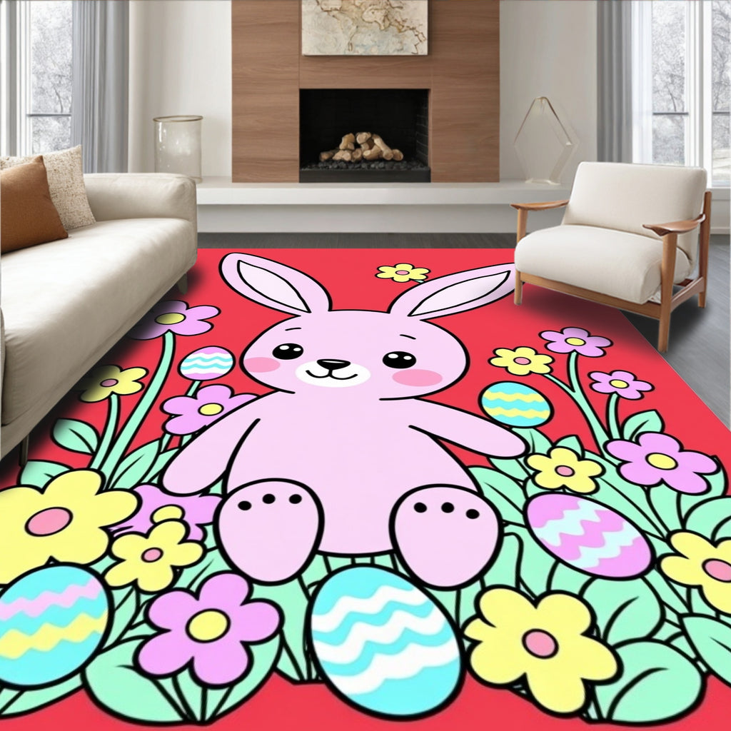 Pink Bunny Amongst Bright Easter Eggs Rug