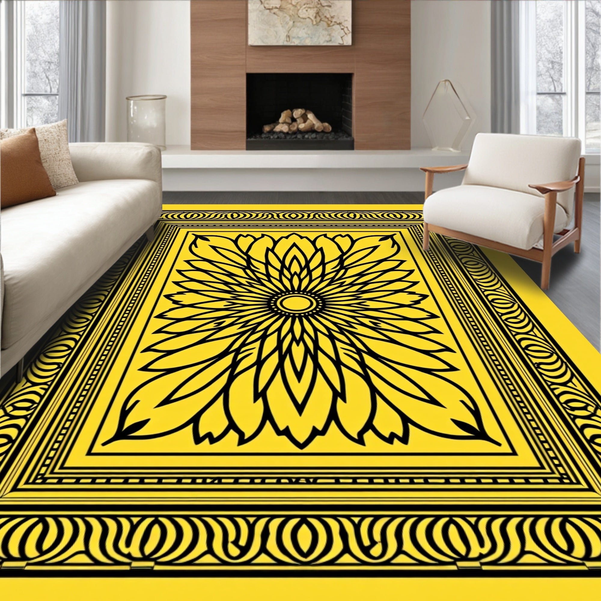 Vibrant Yellow Floral Sunburst Border Rug