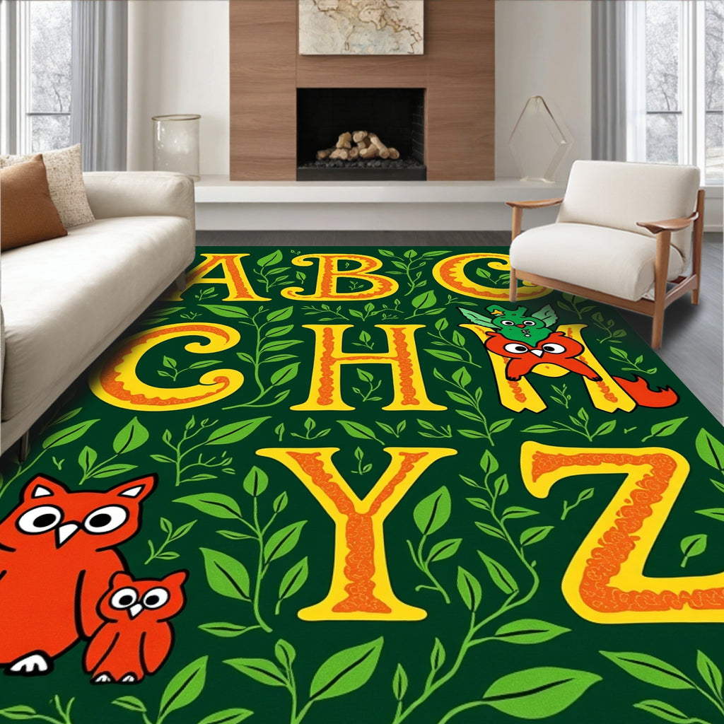 Charming Yellow Alphabet Nature Whimsical Owls Rug