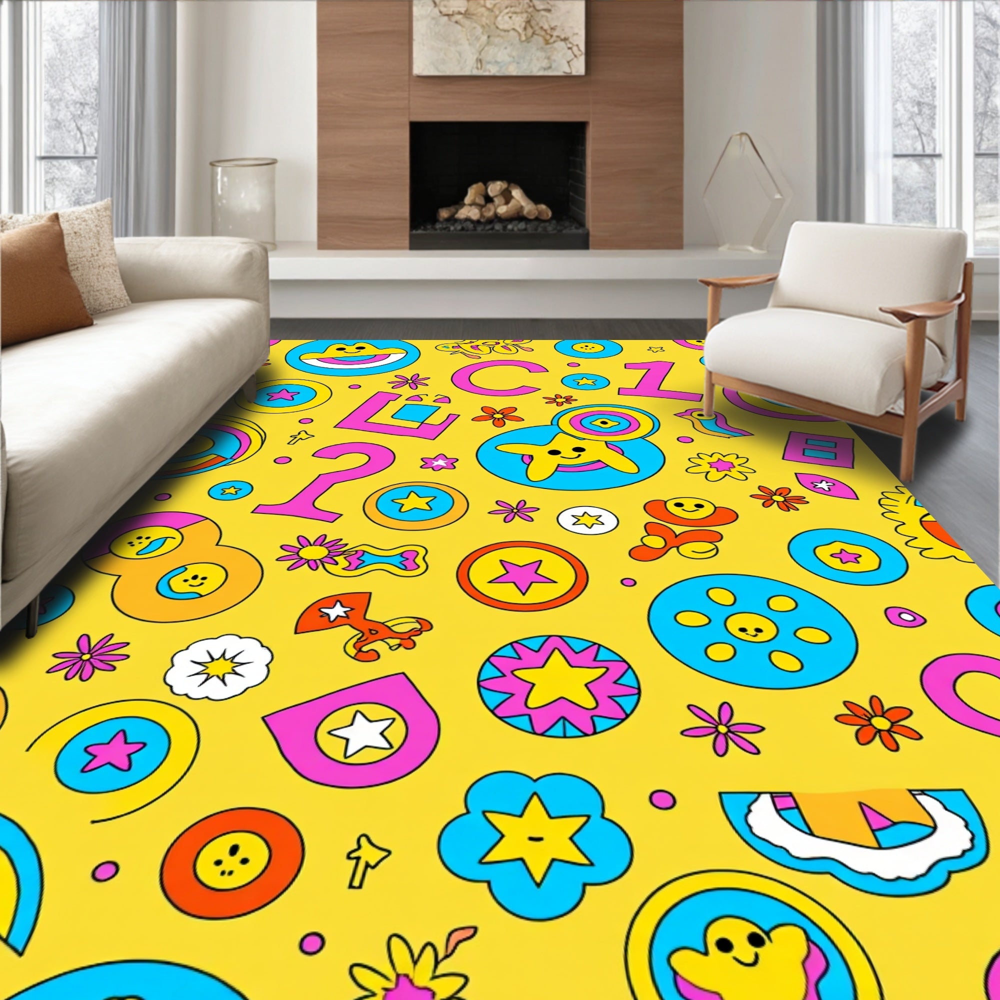 Vibrant Retro Cartoon Star Flowers Rug