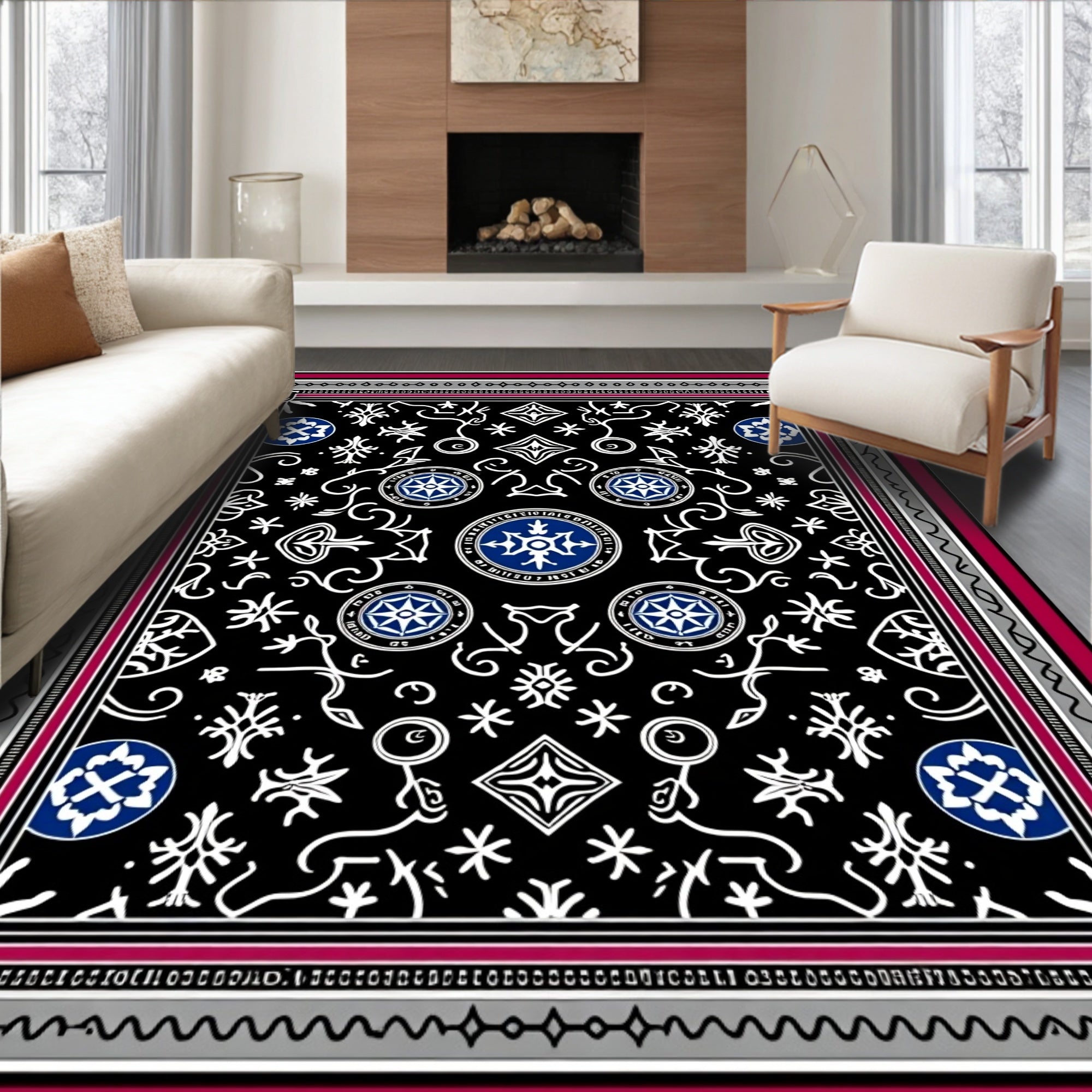 Black White Blue Medallion Whimsical Art Rug