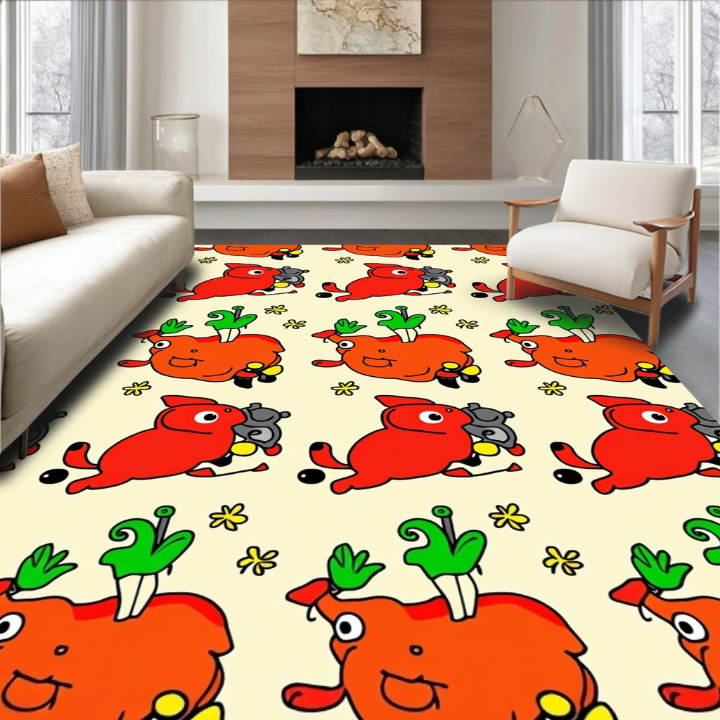 Playful Red Creatures Yellow Blooms Rug