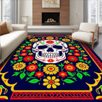 Vibrant Folk Floral Skull Art Rug