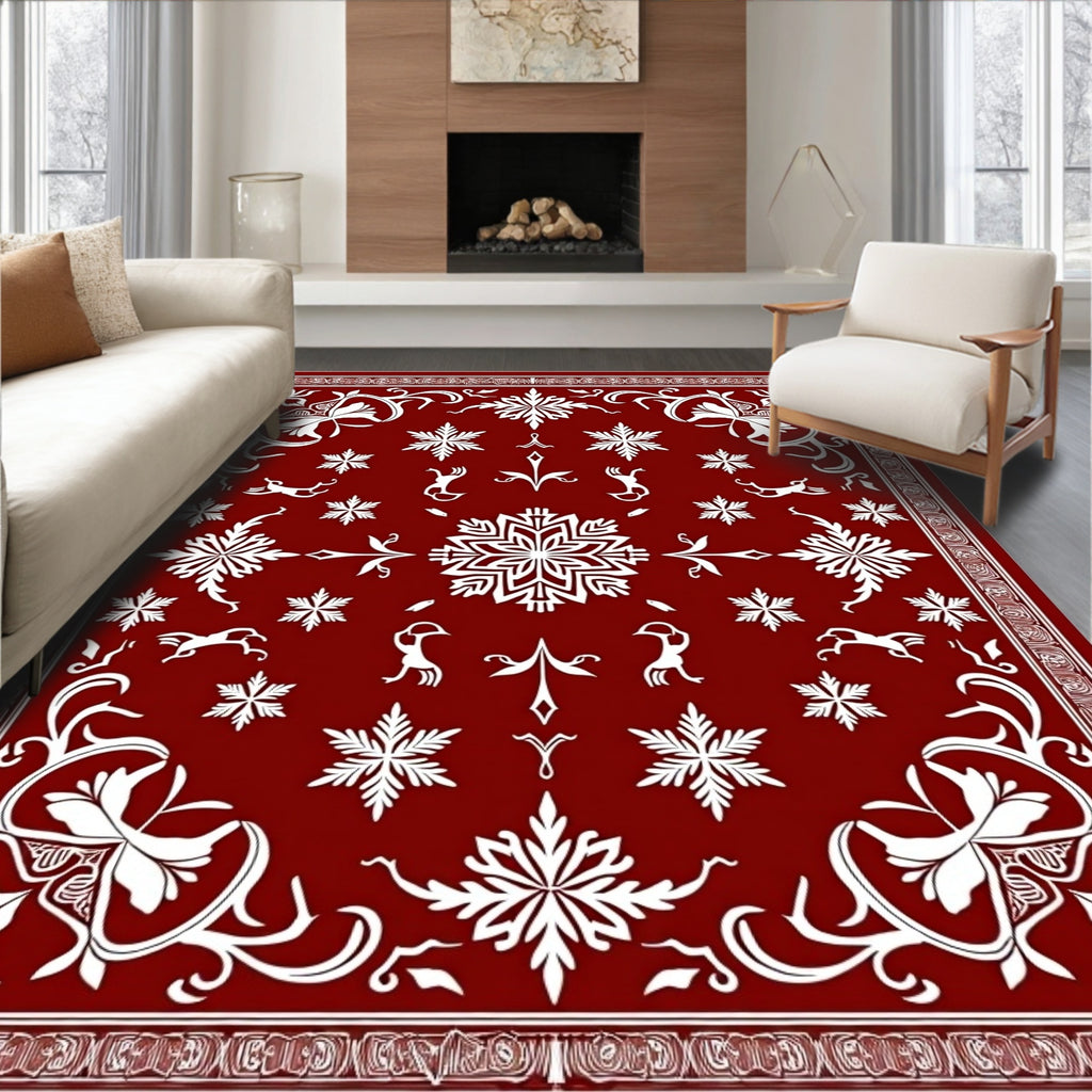 Crimson Snowflakes And Deer Folk Art Rug