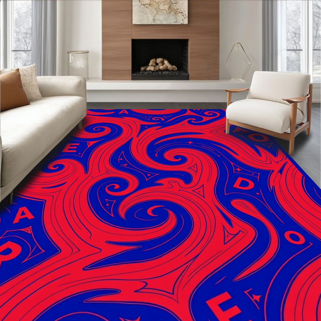 Vivid Red Swirls on Royal Blue Rug