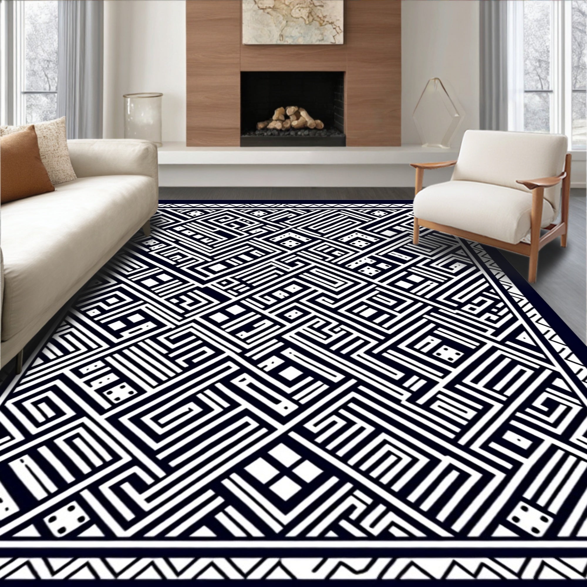 Monochrome Geometric Labyrinth Medallion Rug