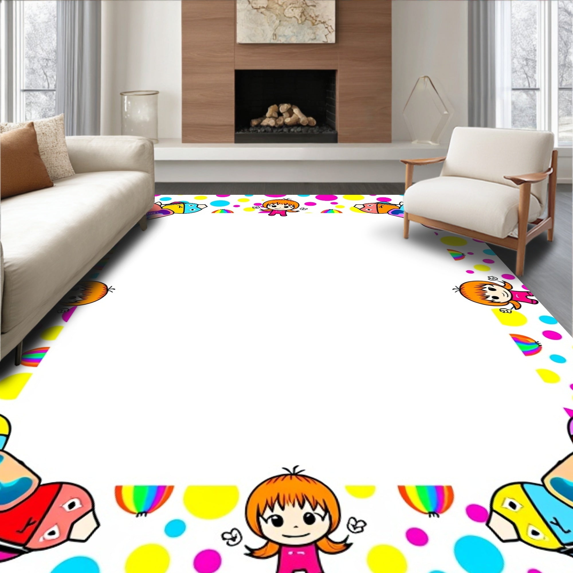 Playful Cartoon Characters Polka Dot Border Rug