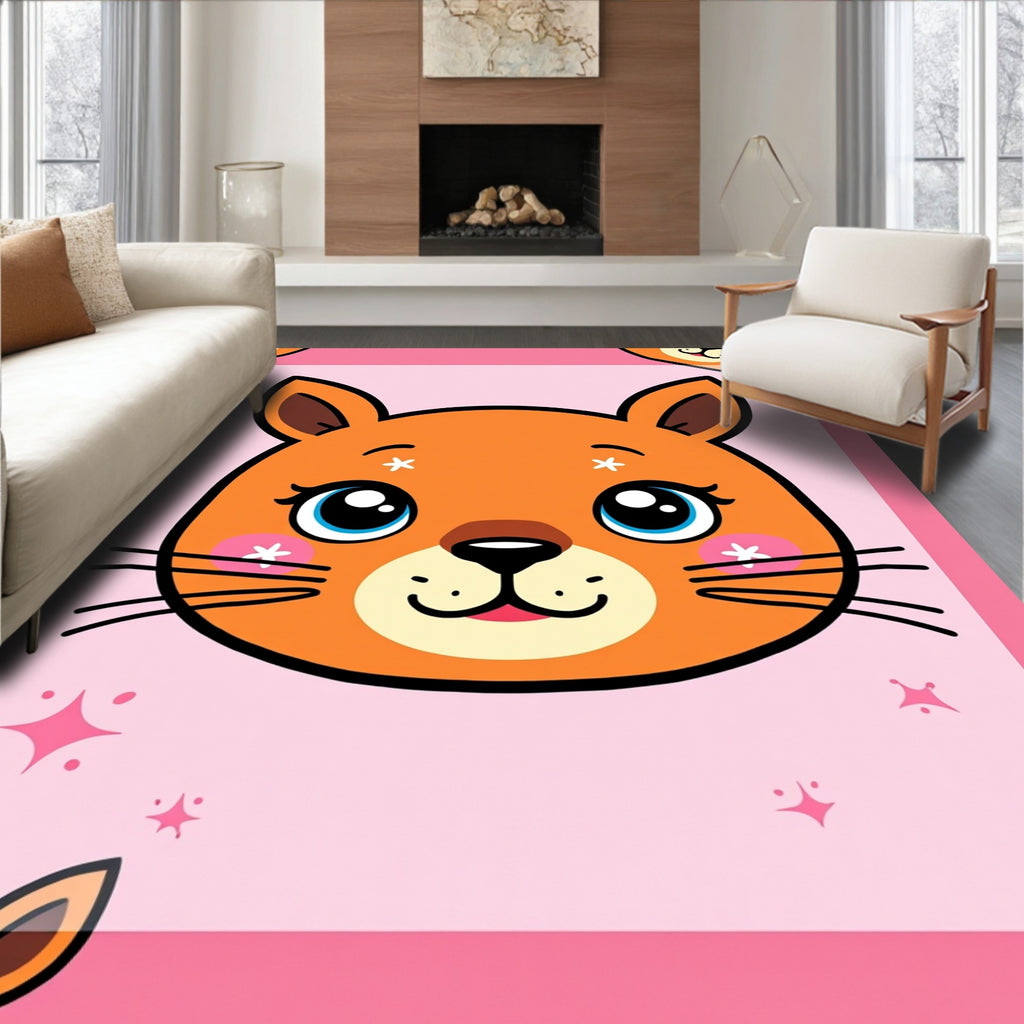 Cute Orange Cat Face Pink Background Rug