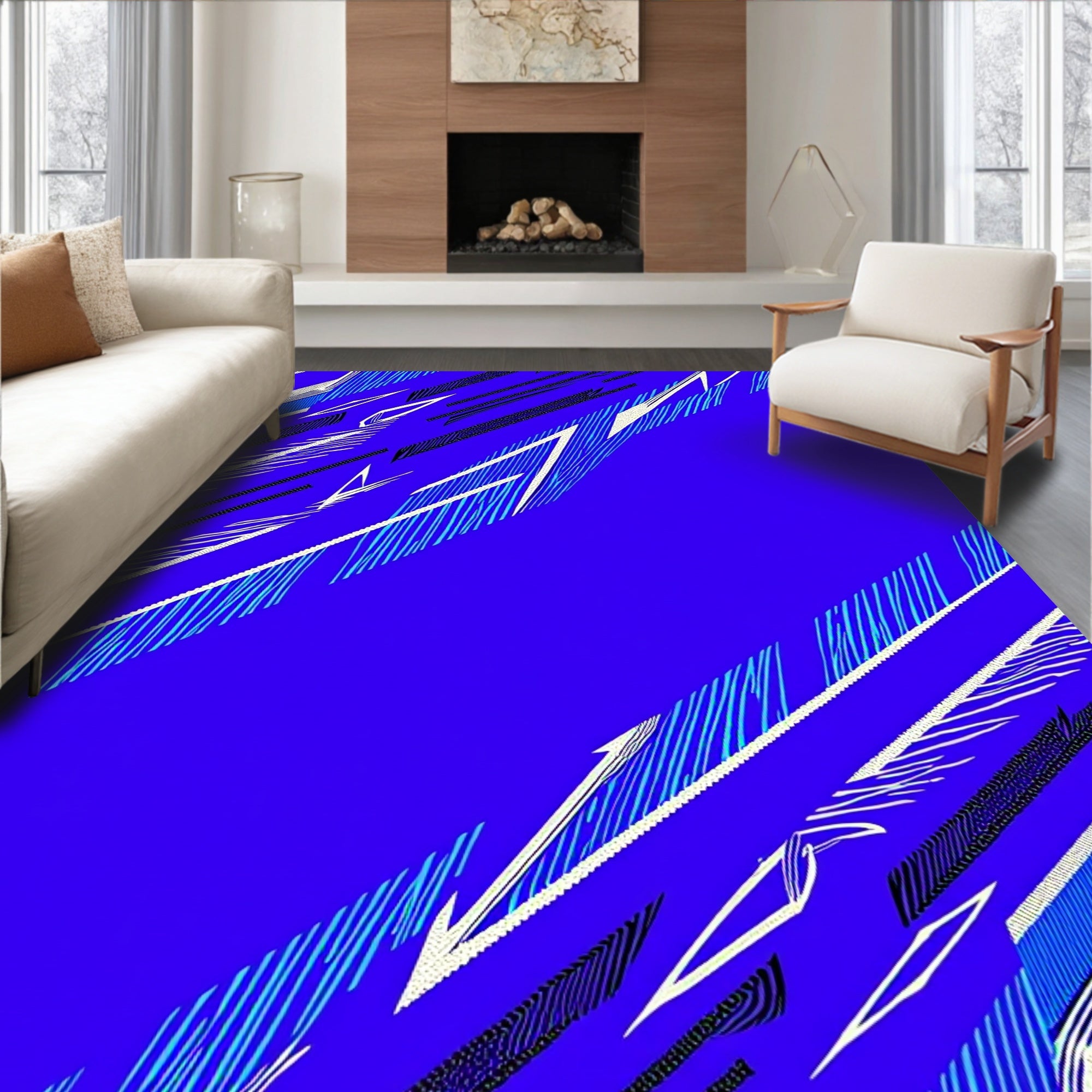 Sharp Blue White Geometric Strokes Rug