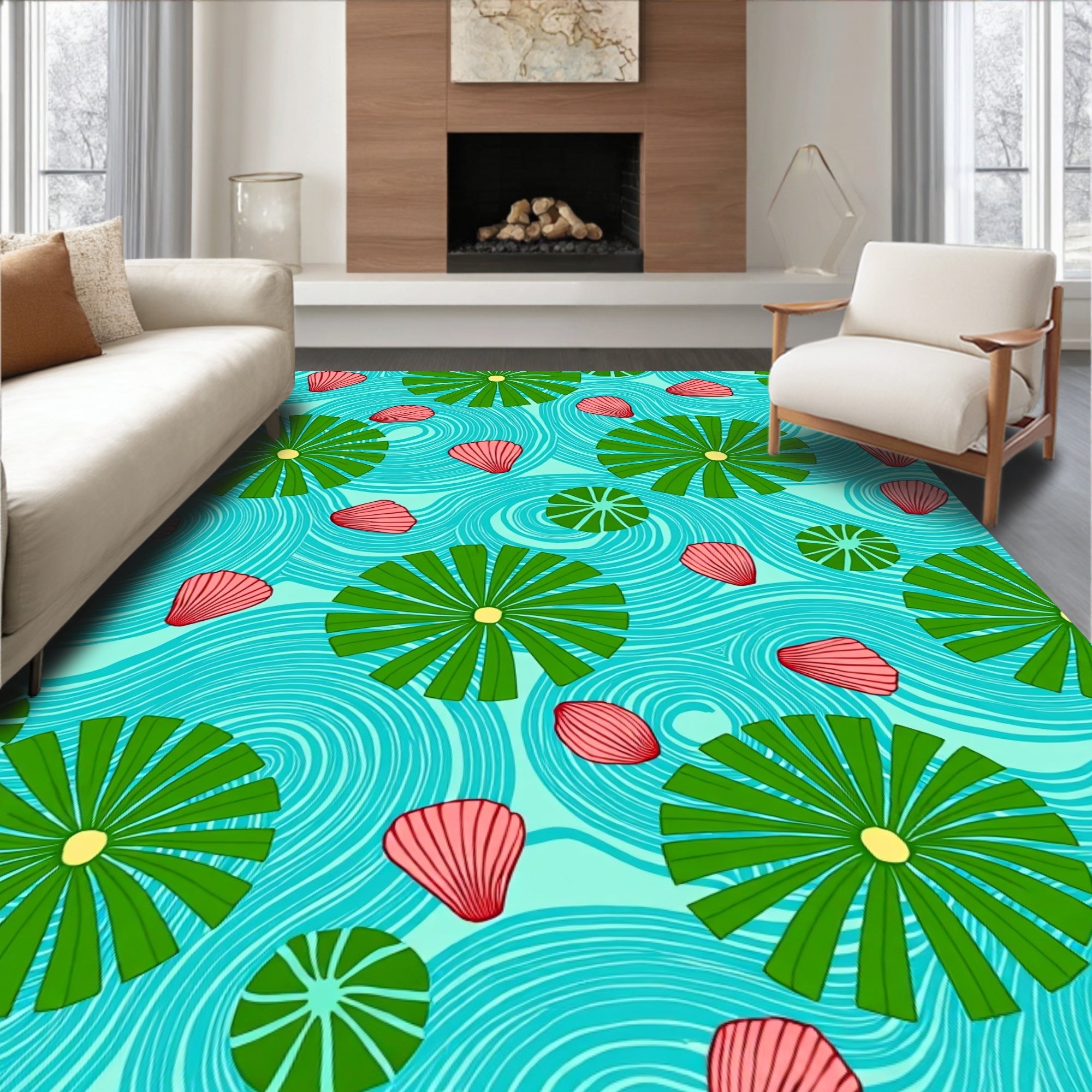 Turquoise Water Lily Petal Swirl Rug