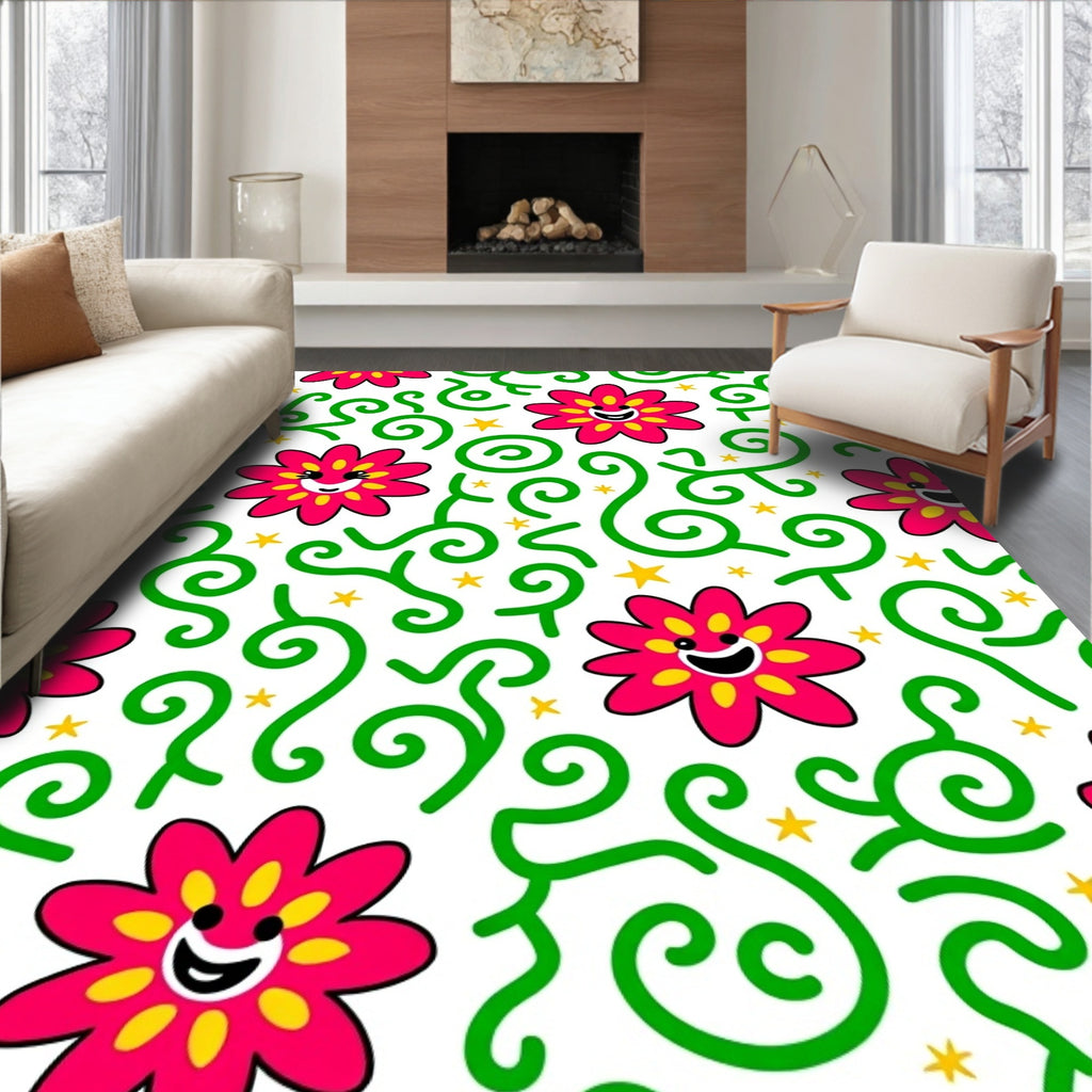 Whimsical Pink Flower Star Swirl Rug