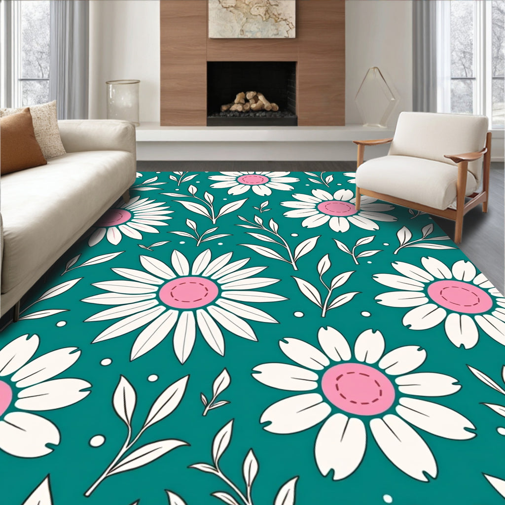 Retro White Daisy Teal Background Rug