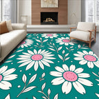Retro White Daisy Teal Background Rug