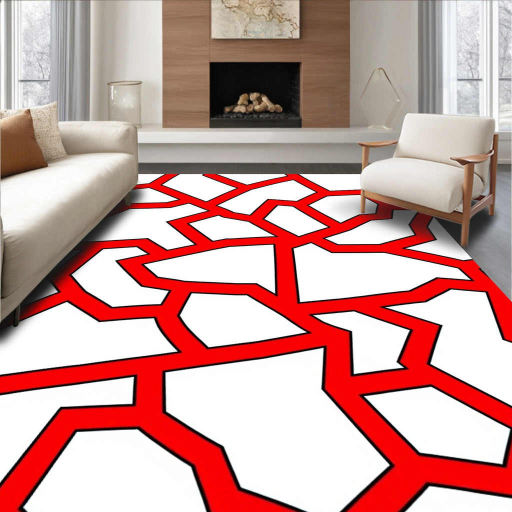 Bold Red Cracked Geometric Rug