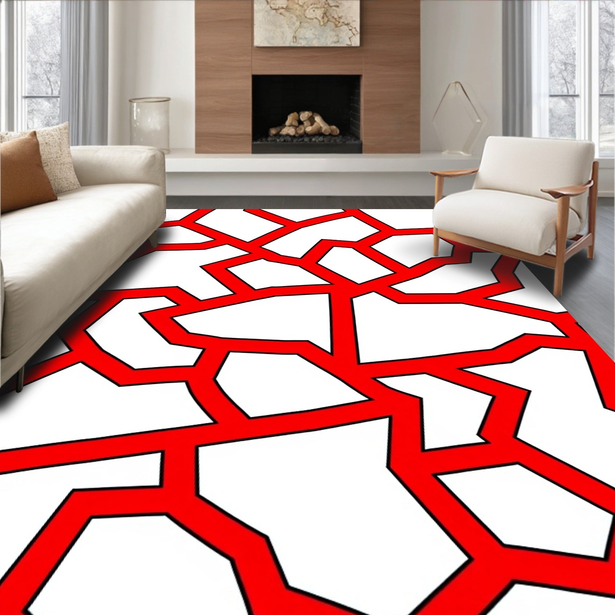 Bold Red Cracked Geometric Rug