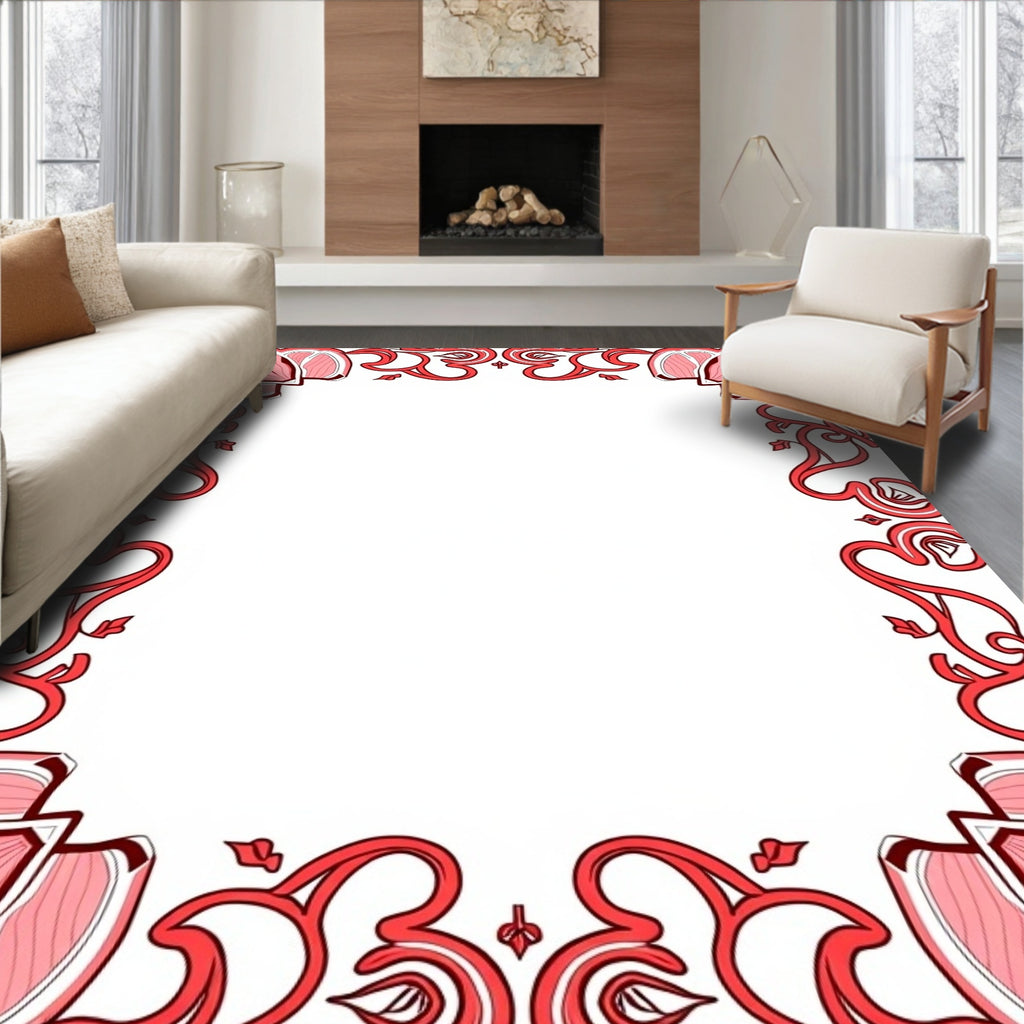 Coral Red Art Nouveau Floral Frame Rug