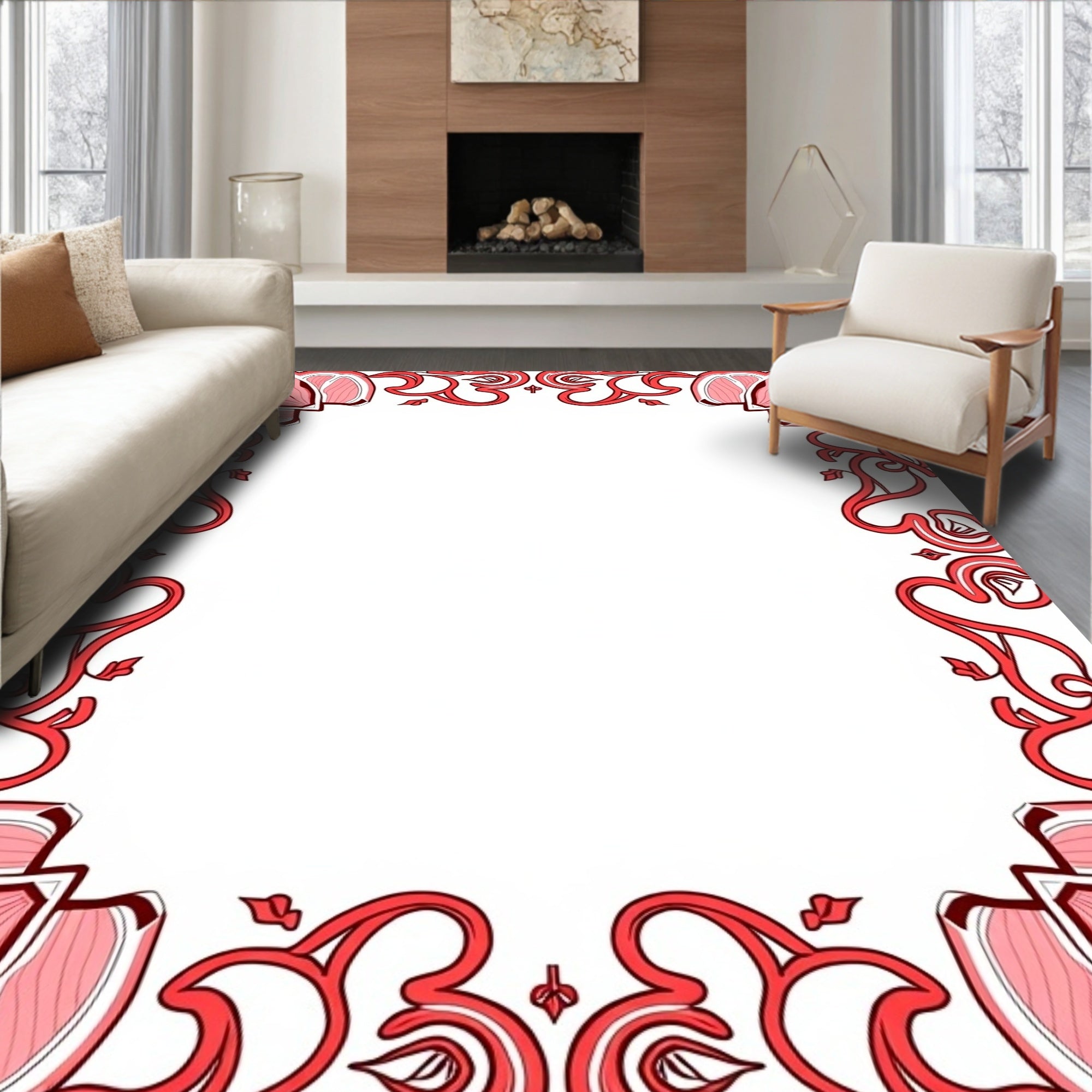 Coral Red Art Nouveau Floral Frame Rug