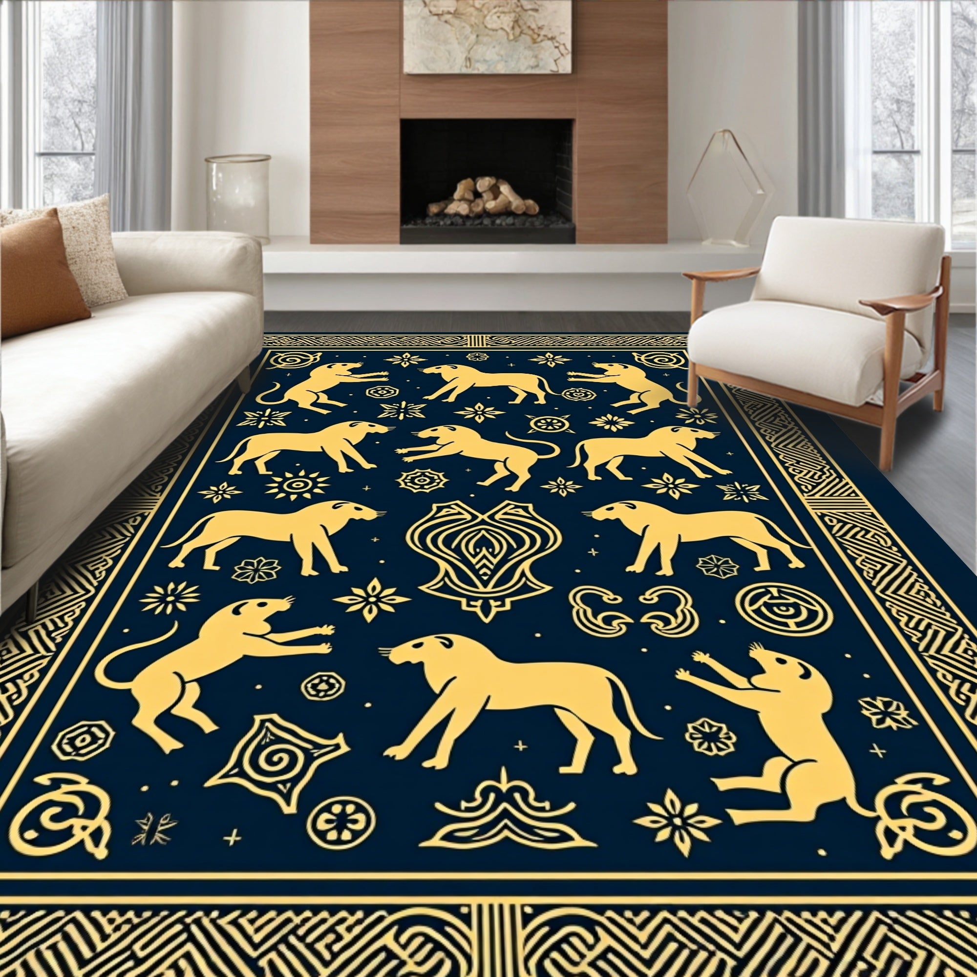 Antique Gold Woodland Animal Medallion Rug