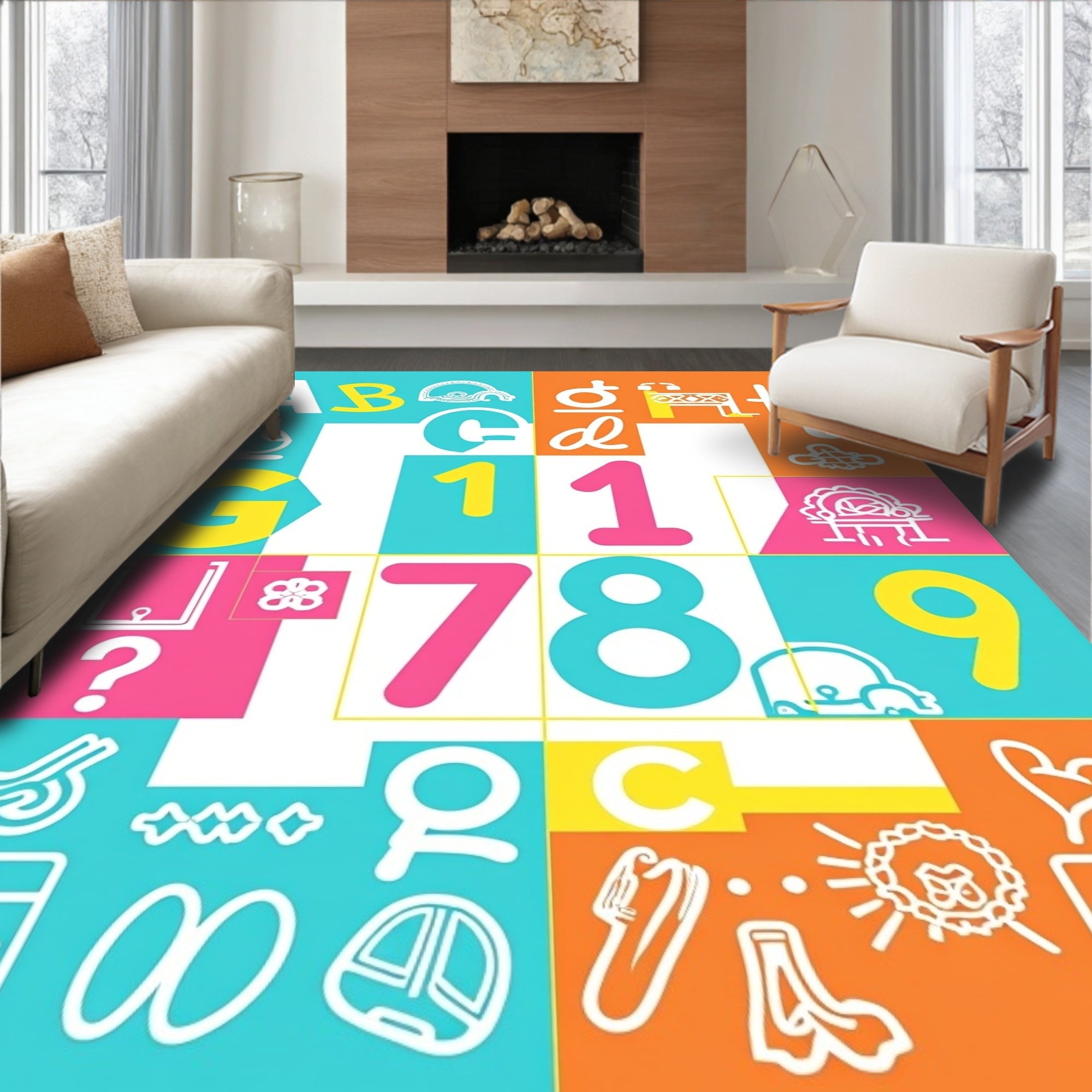 Bright Alphabet and Number Collage Rug