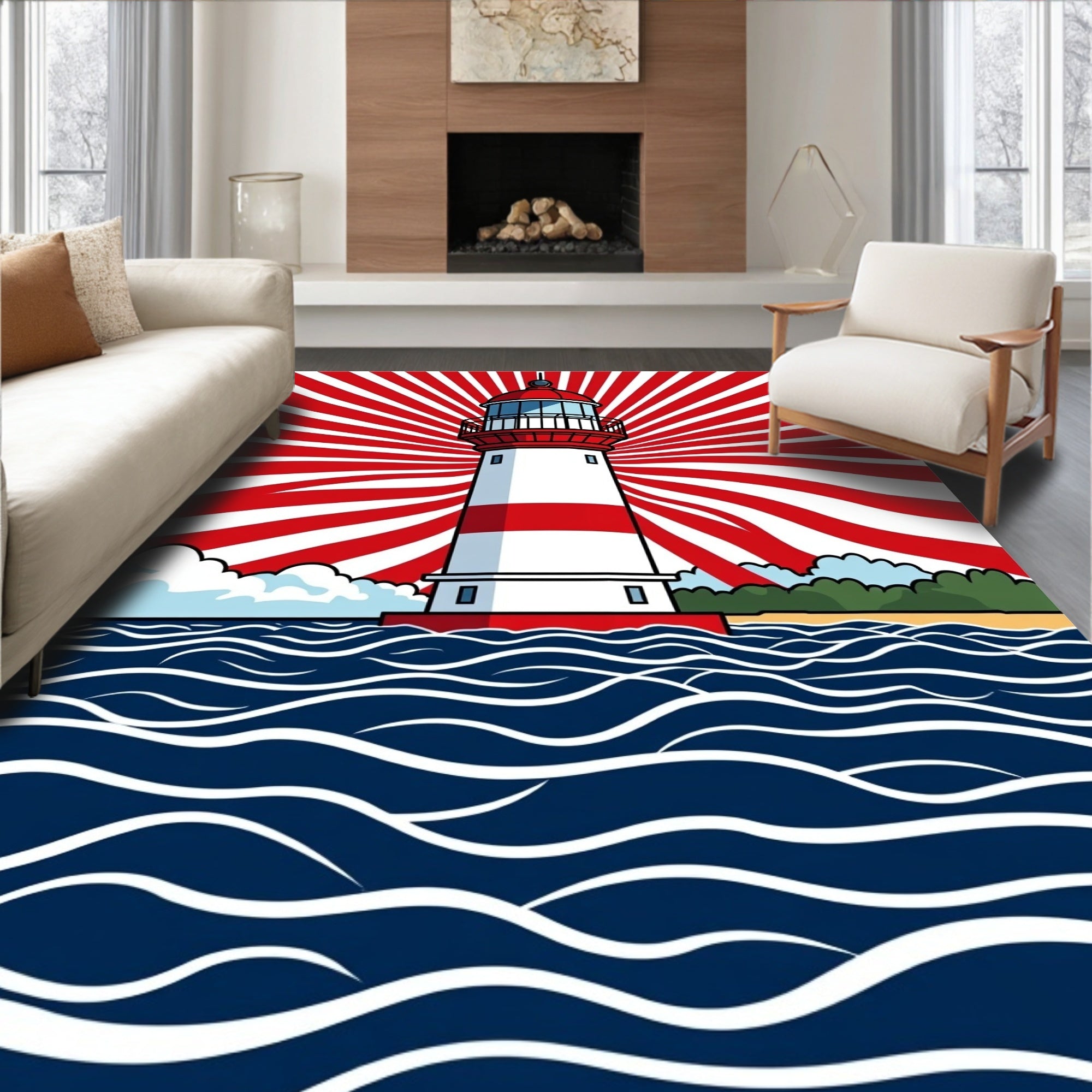 Coastal Lighthouse Red Sunburst Waves Rug