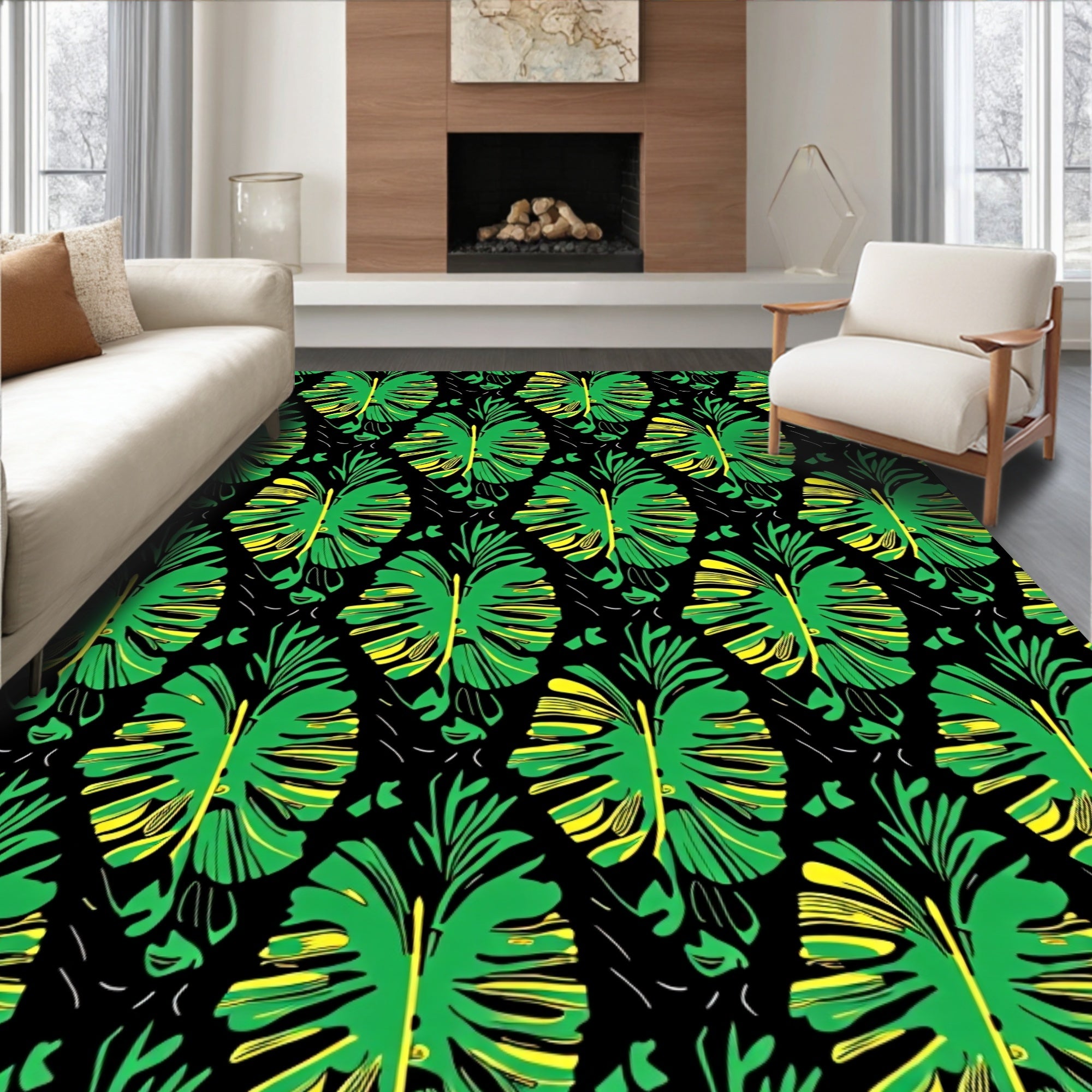 Lush Green Tropical Monstera Leaves Rug