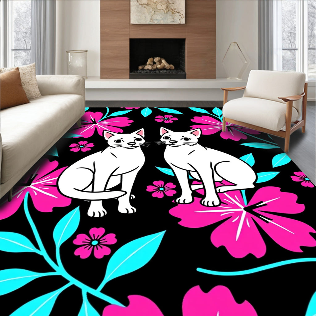 Whimsical White Cats Tropical Bloom Rug