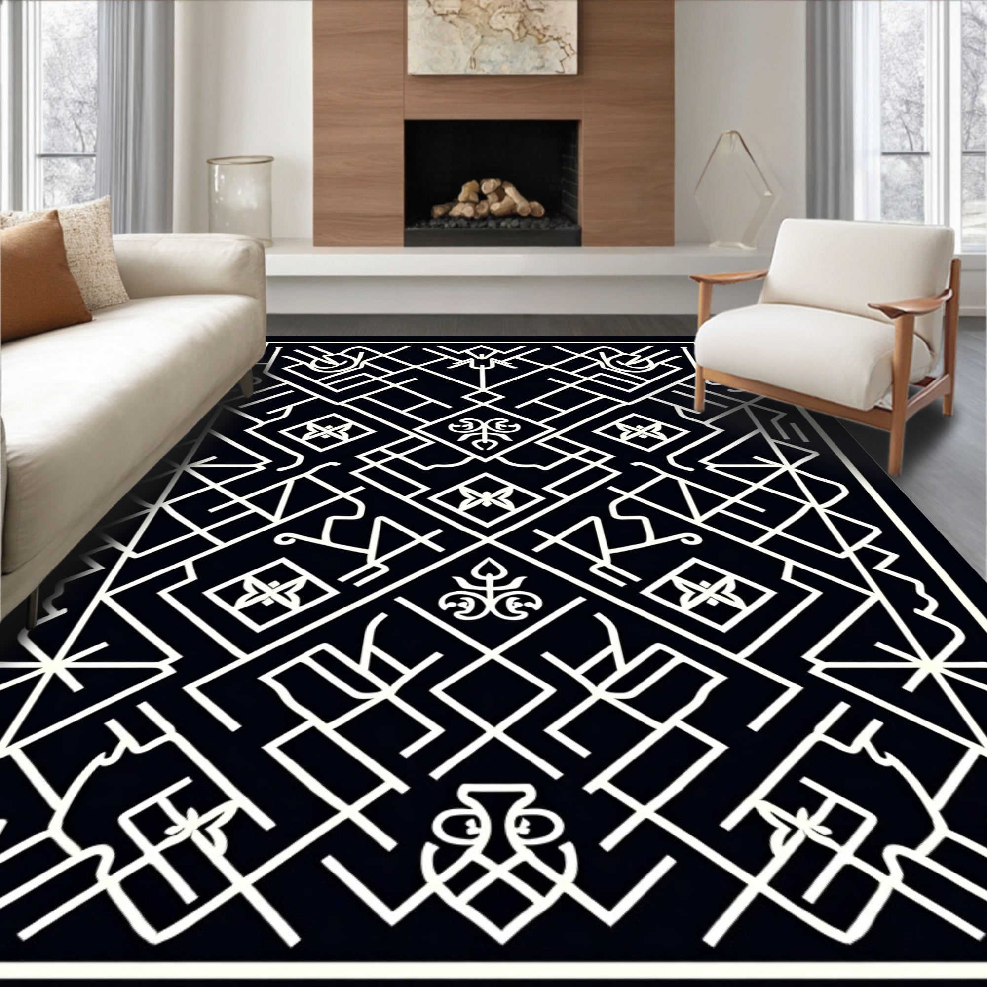 Black White Geometric Art Deco Rug