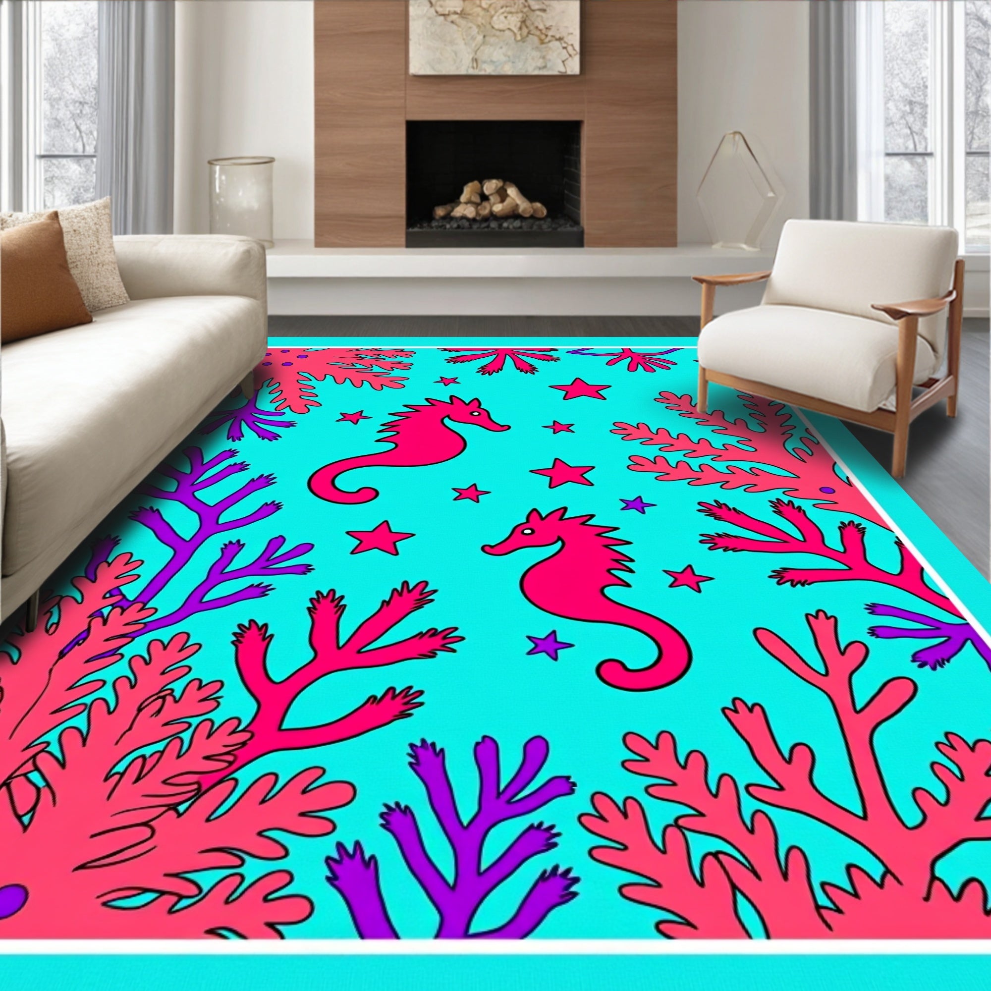 Vibrant Pink Seahorse Coral Sea Rug