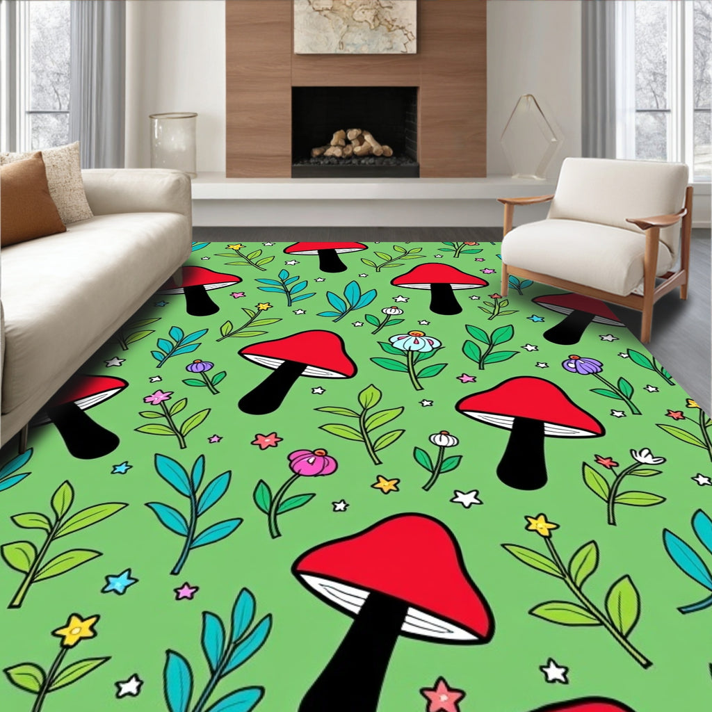 Whimsical Red Mushroom Garden Stars Rug