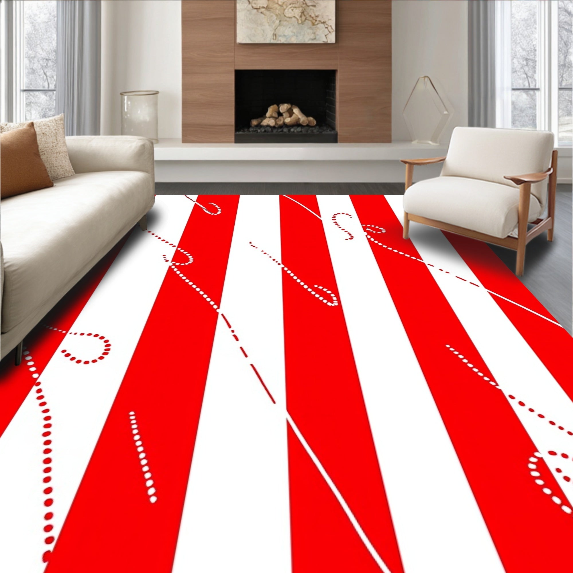 Crimson White Abstract Swirl Stripe Rug