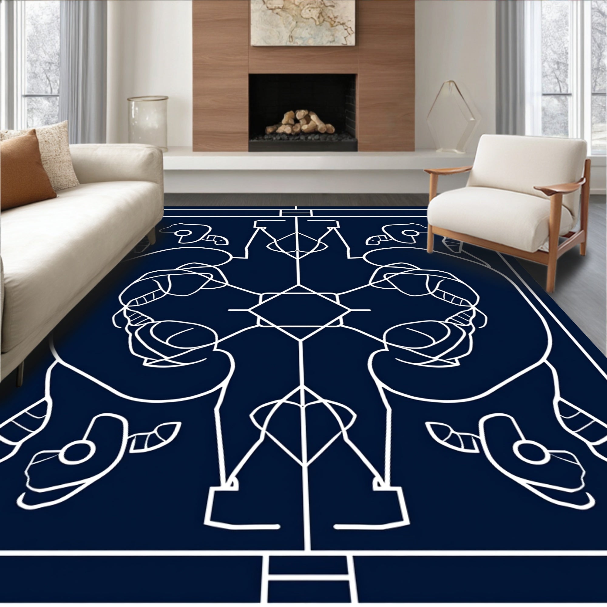 Symmetrical White Line Art Navy Rug