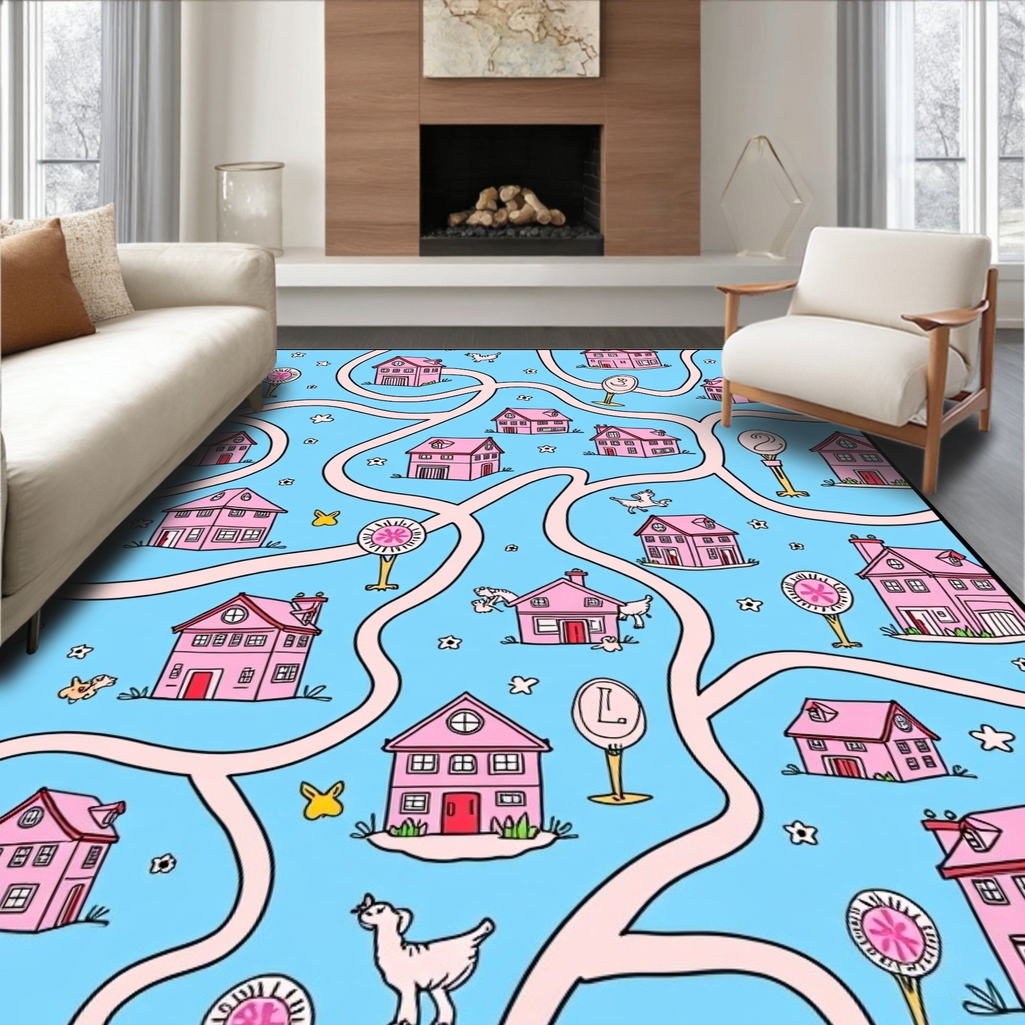 Whimsical Pink Houses Maze Whimsy Rug