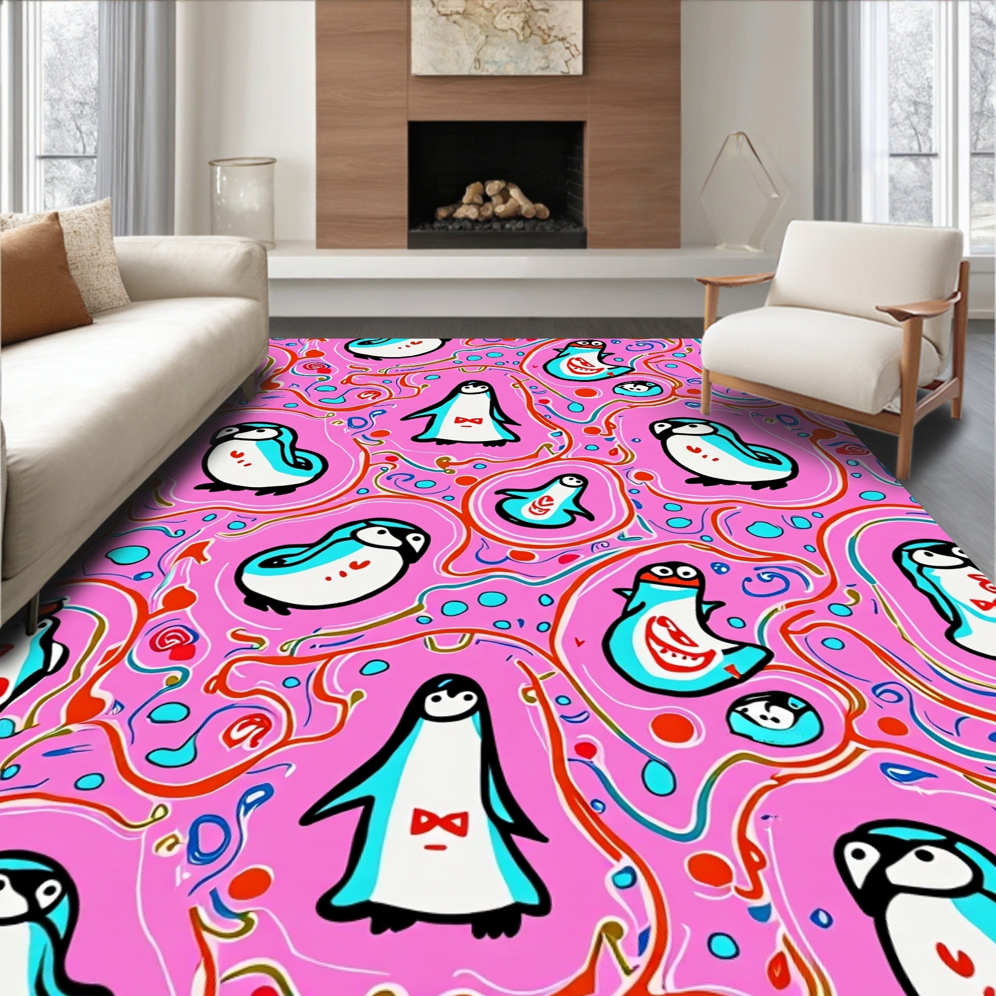 Whimsical Pink Penguin Playful Swirls Rug