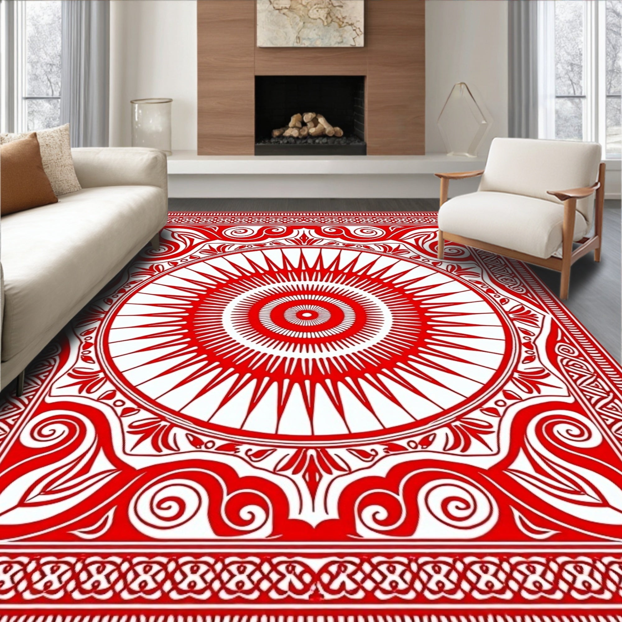 Crimson Sunburst Mandala Border Rug