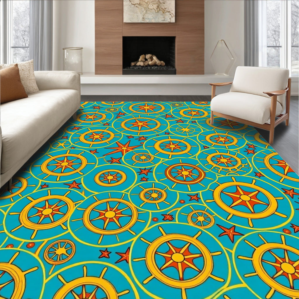 Nautical Yellow Star Ship Wheel Rug