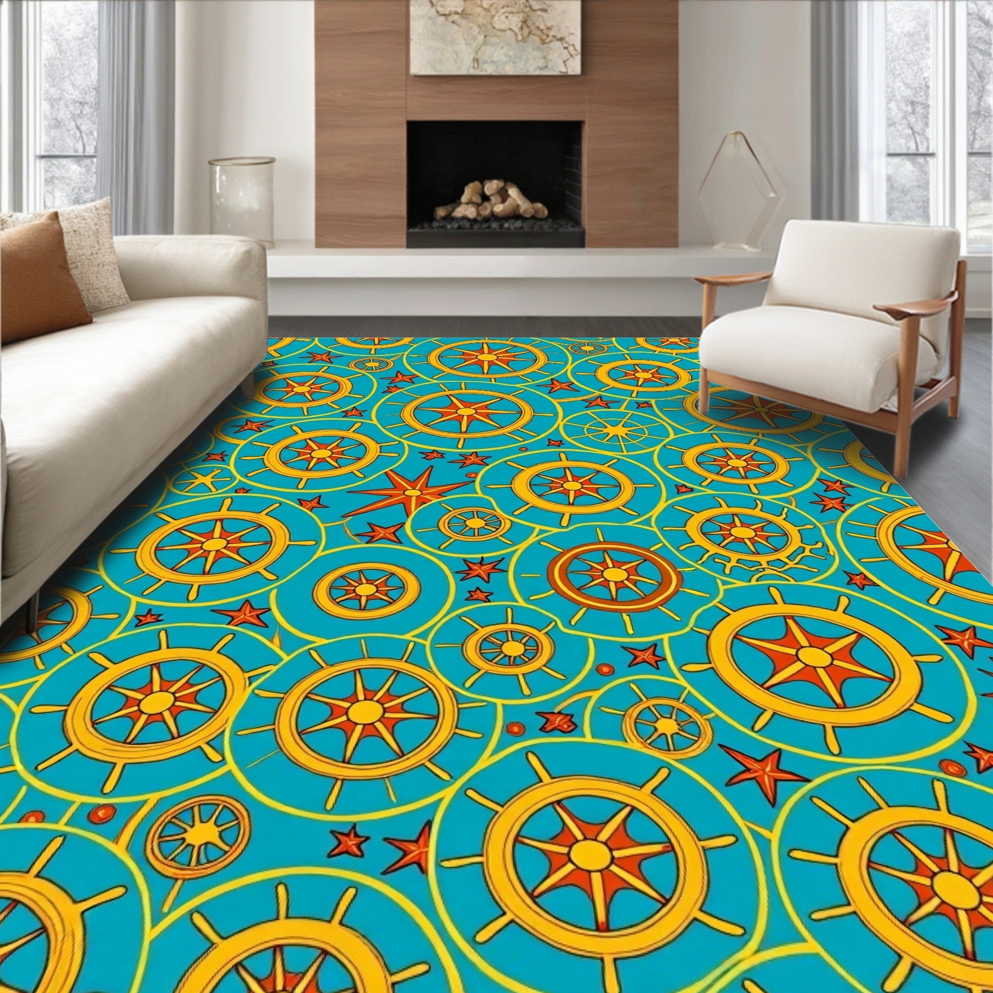 Nautical Yellow Star Ship Wheel Rug